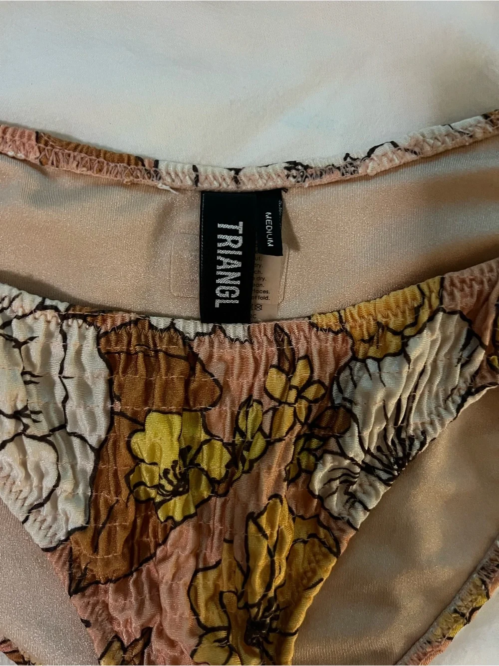 triangl swimwear Floral Smocked Bikini Bottoms in Yellow, Brown & Cream